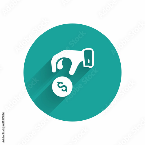 White Donate or pay your zakat as muslim obligatory icon isolated with long shadow background. Muslim charity or alms in ramadan kareem before eid al-fir. Green circle button. Vector