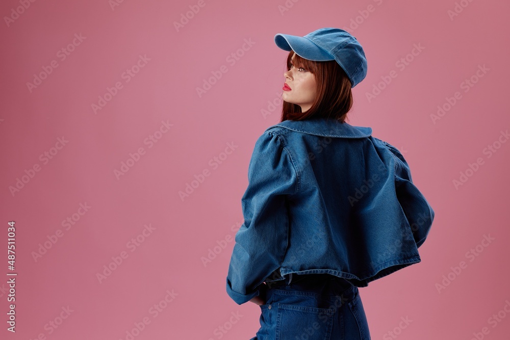 Beauty Fashion woman denim cap red lips glamor fashion pink background unaltered Beauty Fashion woman denim cap red lips glamor fashion pink background unaltered