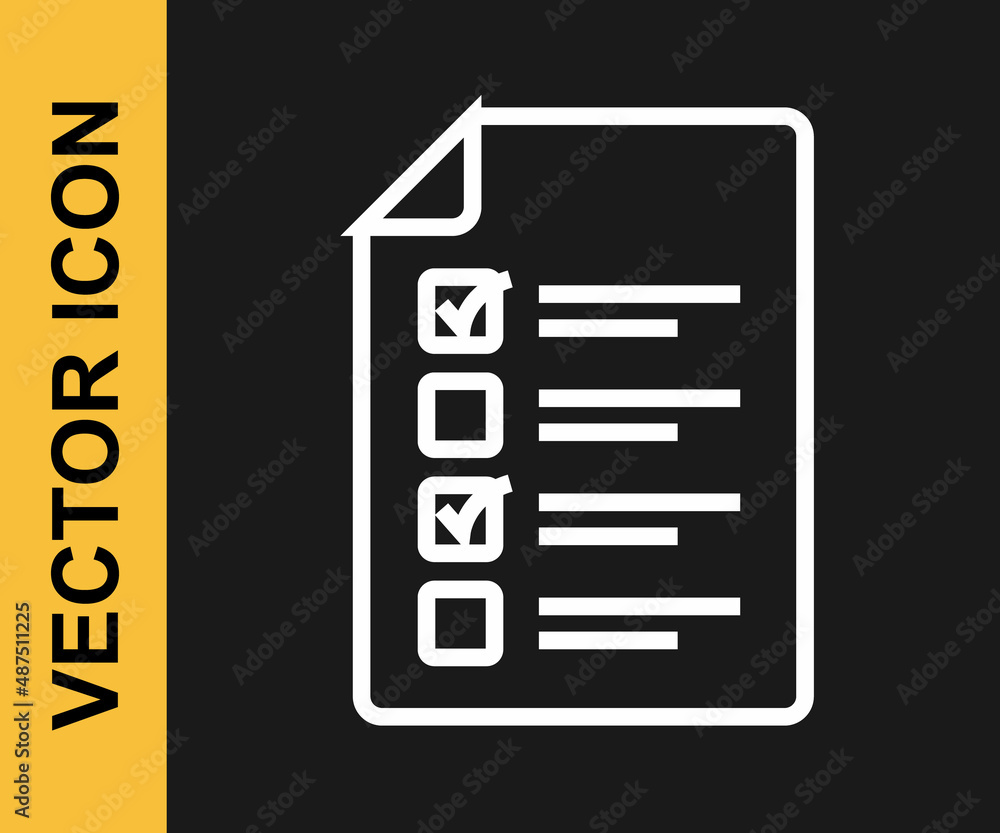 White line Online quiz, test, survey or checklist icon isolated on black background. Exam list. E-education concept. Vector White line Online quiz, test, survey or checklist icon isolated on black background. Exam list. E-education concept. Vector