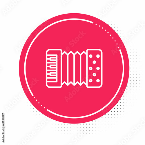 White line Musical instrument accordion icon isolated on white background. Classical bayan, harmonic. Red circle button. Vector