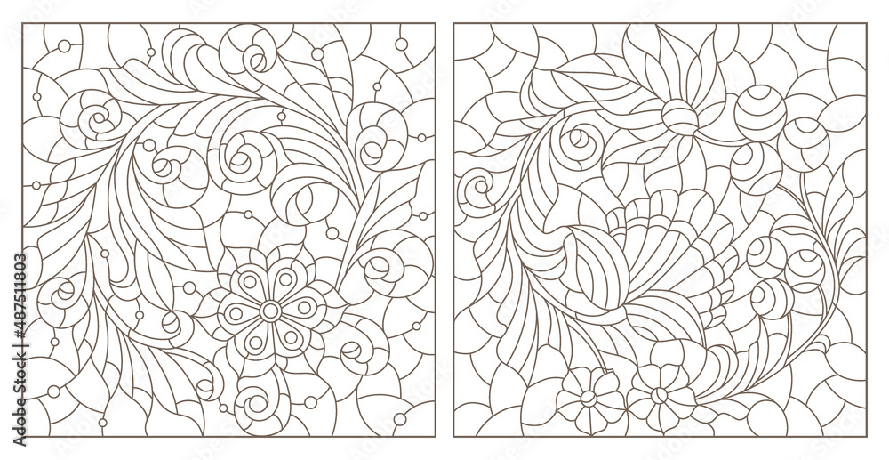 A set of contour illustrations in the style of stained glass with abstract berries and flowers, dark contours on a white background