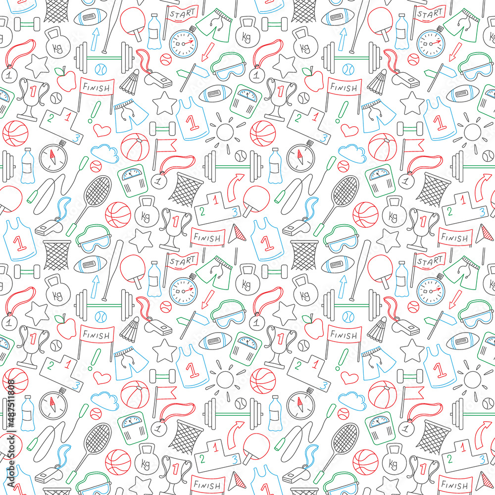 Seamless background on a theme sports and exercise, colored markers on white background Seamless background on a theme sports and exercise, colored markers on white background