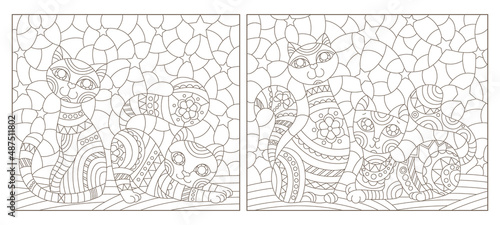 Set of outline illustrations in the style of stained glass with abstract cats , dark outlines on white background