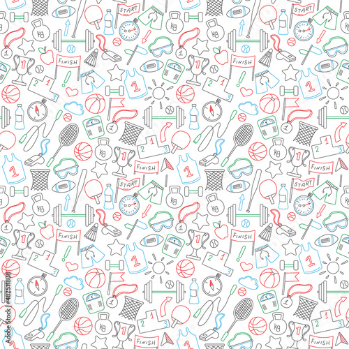 Seamless background on a theme sports and exercise, colored markers on white background