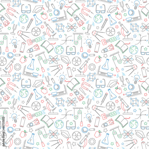 Seamless pattern on the theme of the subject of physics education, simple dark contour icons painted with colored markers on white background