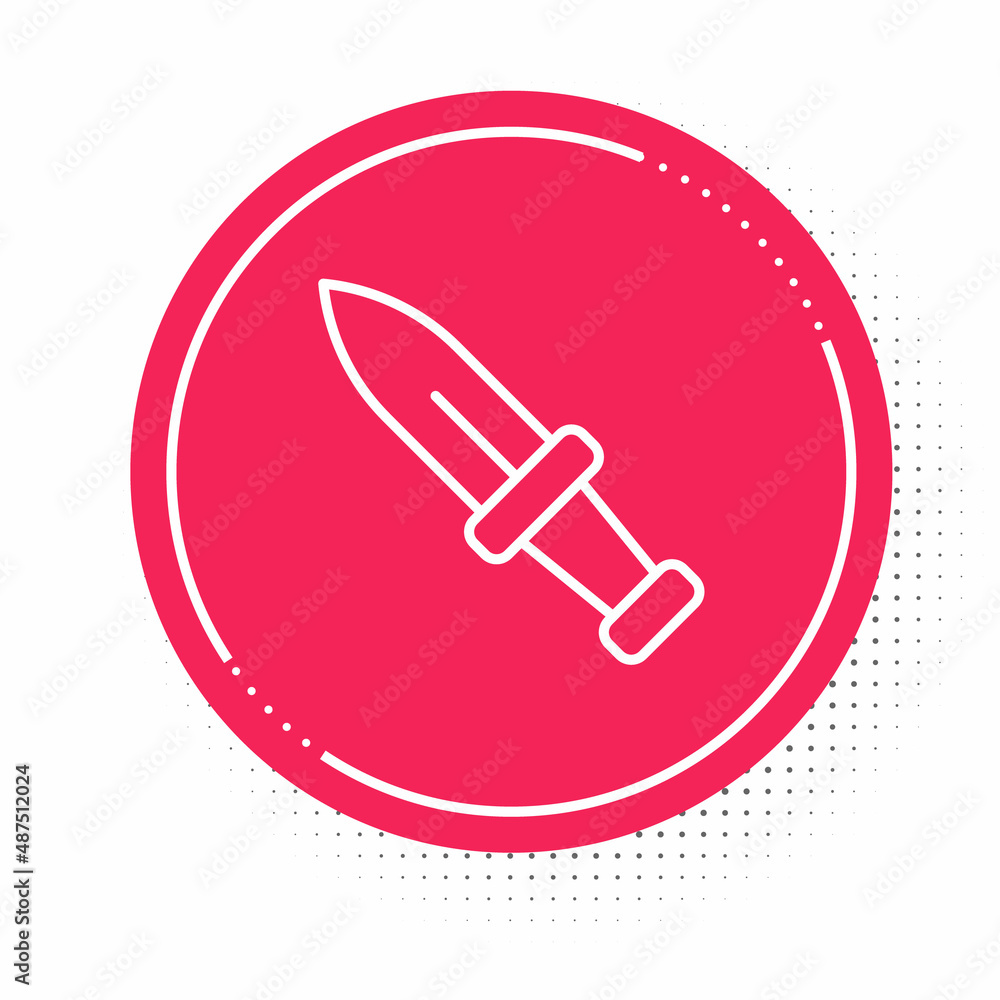 White line Dagger icon isolated on white background. Knife icon. Sword with sharp blade. Red circle button. Vector White line Dagger icon isolated on white background. Knife icon. Sword with sharp blade. Red circle button. Vector