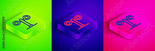 Isometric line Train traffic light icon isolated on green, blue and pink background. Traffic lights for the railway to regulate the movement of trains. Square button. Vector