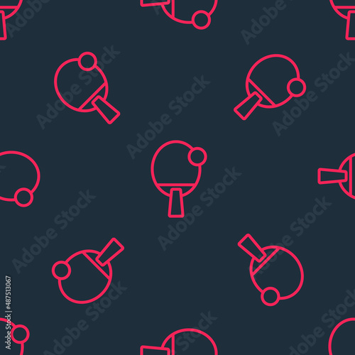 Red line Racket for playing table tennis icon isolated seamless pattern on black background. Vector