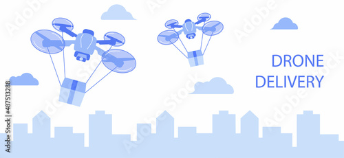 Quadcopter delivery service. Delivery of food, goods in boxes on drones. Flying drones on the cityscape. Design elements for banner, advertising, social networks. Vector illustration in cartoon style