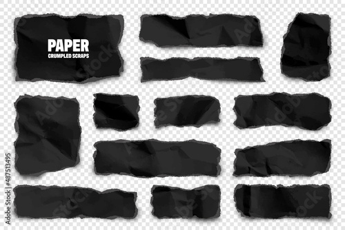 Black ripped paper strips. Realistic crumpled paper scraps with torn edges. Shreds of notebook pages. Vector illustration