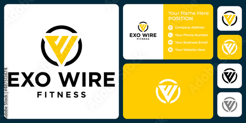 Letter E W monogram fitness logo design with business card template.