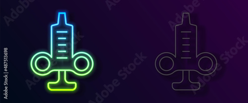 Glowing neon line Syringe icon isolated on black background. Syringe for vaccine, vaccination, injection, flu shot. Medical equipment. Vector