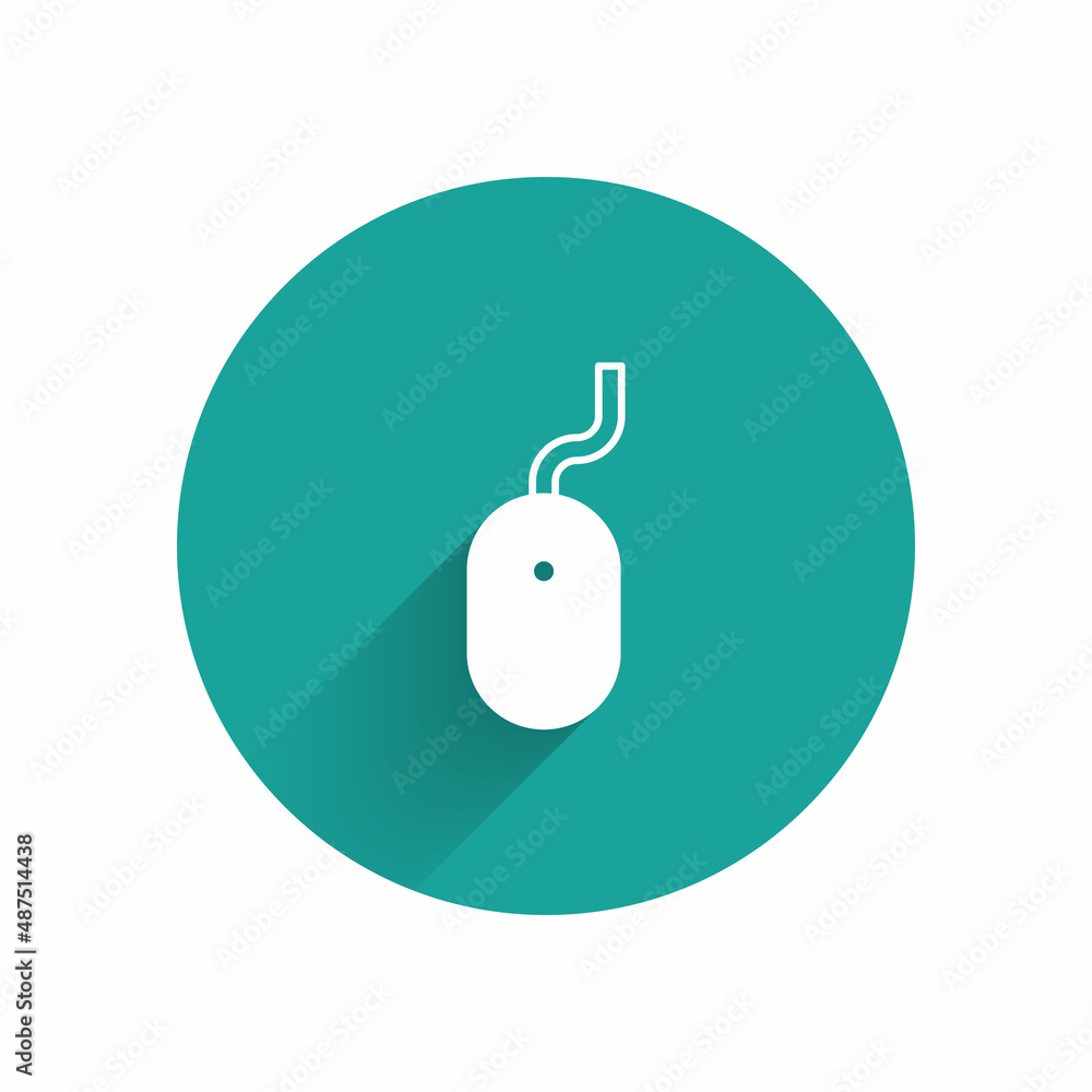 White Computer mouse icon isolated with long shadow background. Optical with wheel symbol. Green circle button. Vector White Computer mouse icon isolated with long shadow background. Optical with wheel symbol. Green circle button. Vector