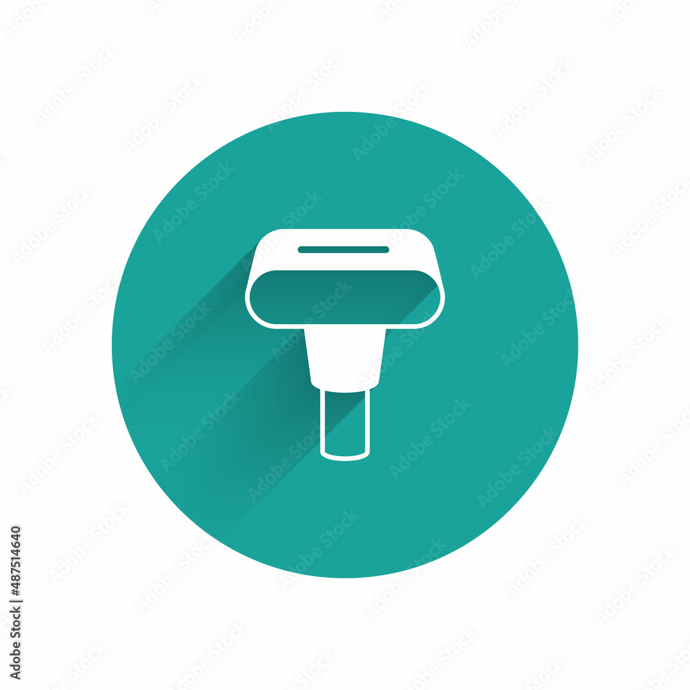 White Portable home and travel garment steamer for clothes icon isolated with long shadow background. Green circle button. Vector White Portable home and travel garment steamer for clothes icon isolated with long shadow background. Green circle button. Vector