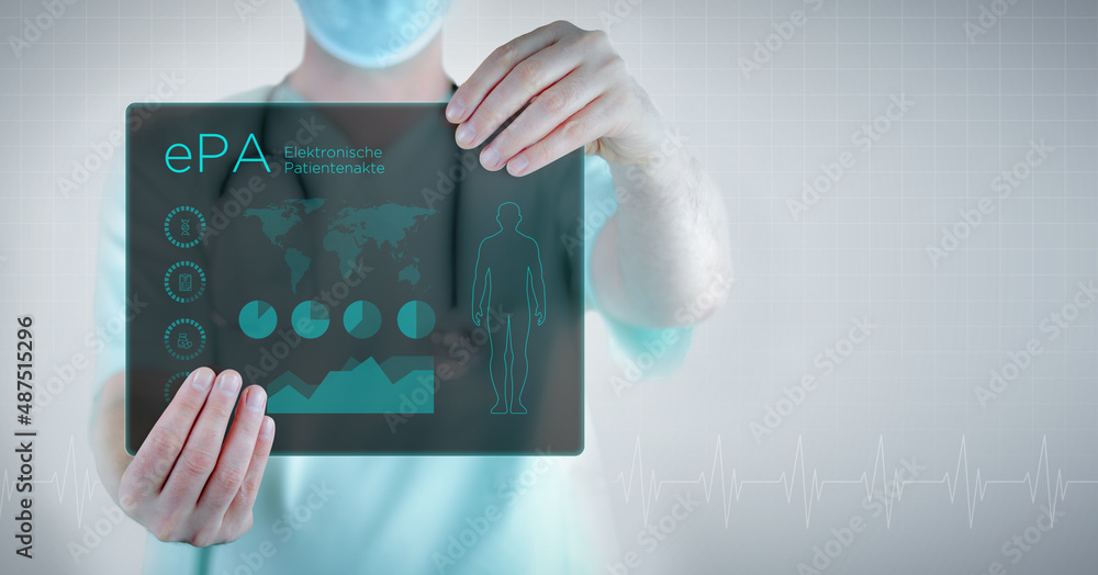 Elektronische Patientenakte (ePA). Arzt hält virtuellen Brief mit Text und einem Interface. Medizin in der Zukunft - obrazy, fototapety, plakaty 