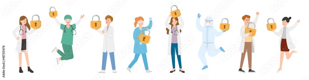 8 paramedic man or woman doctor or laboratory staff composition, medical worker with lock, security and encryption, cartoon vector 8 paramedic man or woman doctor or laboratory staff composition, medical worker with lock, security and encryption, cartoon vector