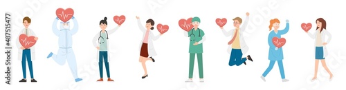 8 paramedic man or woman doctor or experimenter composition, medical worker with electrocardiogram, heart with blood pressure and heartbeat, cartoon vector