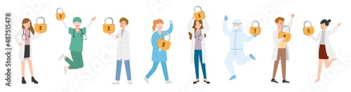 8 paramedic man or woman doctor or laboratory staff composition, medical worker with lock, security and encryption, cartoon vector