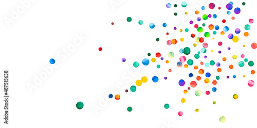 Watercolor confetti on white background. Alive rainbow colored dots. Happy celebration wide colorful bright card. Amusing hand painted confetti.