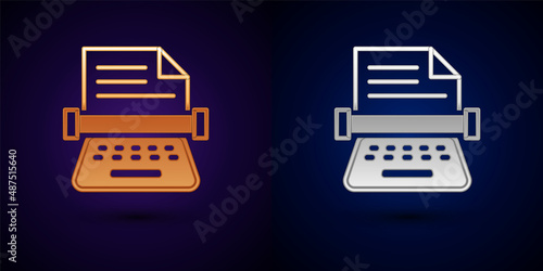 Gold and silver Retro typewriter and paper sheet icon isolated on black background. Vector