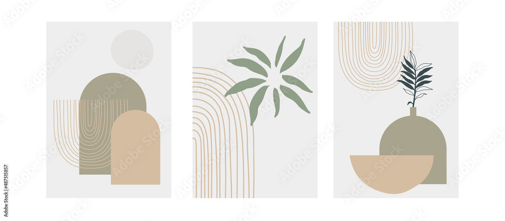 Set of three pastel posters with foliage, rainbow and abstract shapes, vector illustration. Minimal Nordic leaves and plants art print. Abstraction design for background, wallpaper, card, wall art