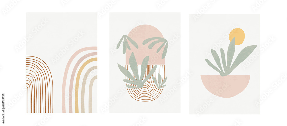 Set of three pastel posters with foliage, rainbow and abstract shapes, vector illustration. Minimal Nordic leaves and plants art print. Abstraction design for background, wallpaper, card, wall art