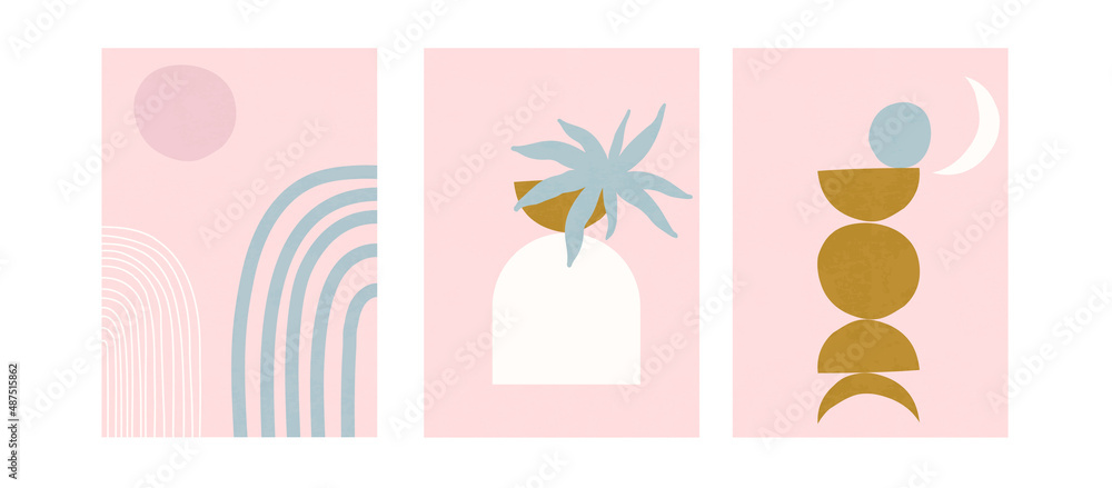 Set of three pastel posters with foliage, rainbow and abstract shapes, vector illustration. Minimal Nordic leaves and plants art print. Abstraction design for background, wallpaper, card, wall art Set of three pastel posters with foliage, rainbow and abstract shapes, vector illustration. Minimal Nordic leaves and plants art print. Abstraction design for background, wallpaper, card, wall art