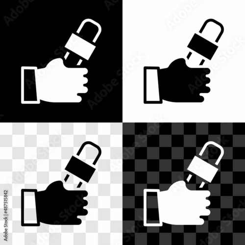 Set Journalist hand holding microphones performing interview icon isolated on black and white, transparent background. Vector