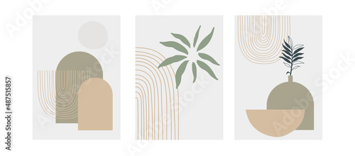 Set of three pastel posters with foliage, rainbow and abstract shapes, vector illustration. Minimal Nordic leaves and plants art print. Abstraction design for background, wallpaper, card, wall art