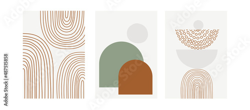 Set of three modern pastel posters with rainbows and abstract geometric shapes, vector illustration. Minimal Nordic art print. Abstraction design for background, wallpaper, card, wall art