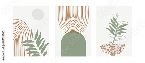 Set of three pastel posters with foliage, rainbow and abstract shapes, vector illustration. Minimal Nordic leaves and plants art print. Abstraction design for background, wallpaper, card, wall art