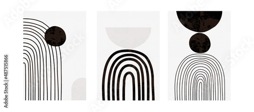 Set of three modern black and white posters with rainbows and abstract geometric shapes, vector illustration. Minimal Nordic art print. Abstraction design for background, wallpaper, card, wall art