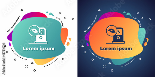 White Electric car charging station icon isolated on white and blue background. Eco electric fuel pump sign. Abstract banner with liquid shapes. Vector