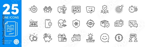 Outline icons set. Money transfer, Timer and Eye target icons. Security agency, Document signature, Card web elements. Smartphone protection, Dollar target, Cogwheel timer signs. Vector