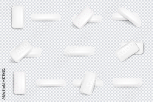 Realistic Chewing Gum Set. Realistic vector bubble gum sticks, ball and white chewing gum slab, inflated bubble, coated dragee