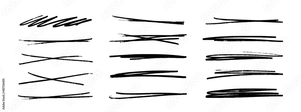 A set of strikethrough underlines. Brush stroke markers collection. Vector illustration of crossed scribble lines isolated on white background. - obrazy, fototapety, plakaty 