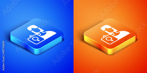 Isometric Female movement, feminist activist with banner and placards icon isolated on blue and orange background. Feminist rights movement, feminism sisterhood. Square button. Vector