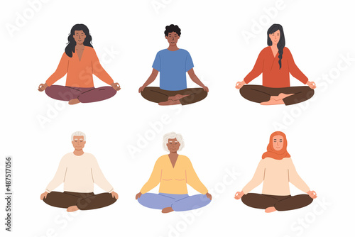 Set of diverse female and male people meditating and doing yoga breathing exercise. Elderly and young woman and man practicing meditation. Vector illustration characters isolated on white background.