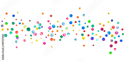 Watercolor confetti on white background. Adorable rainbow colored dots. Happy celebration wide colorful bright card. Interesting hand painted confetti.