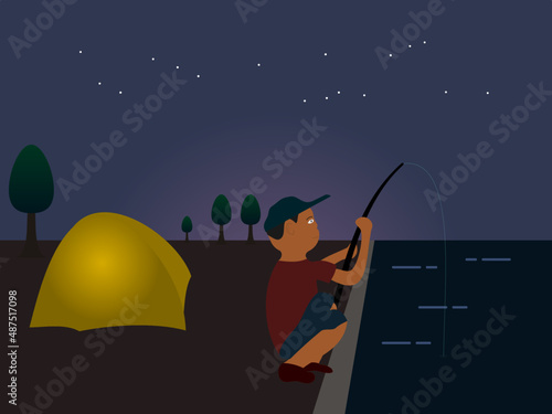 man camping and fishing at night