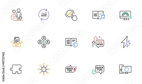 Music book, Graph chart and Fake news line icons for website, printing. Collection of Video conference, Update data, Quick tips icons. Survey check, Recovery computer. Vector