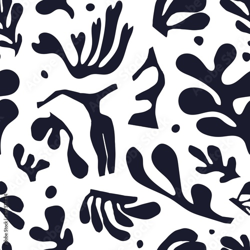 Abstract seamless pattern with cut out shapes. Black on white pattern inspired by Matisse on a white background. Trend vector illustration with fictional algae.