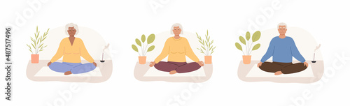 Set of modern elderly female and male with crossed legs and closed eyes meditating at home. Senior old age woman and man practicing yoga, meditation, abdominal breathing spiritual practice. Vector.