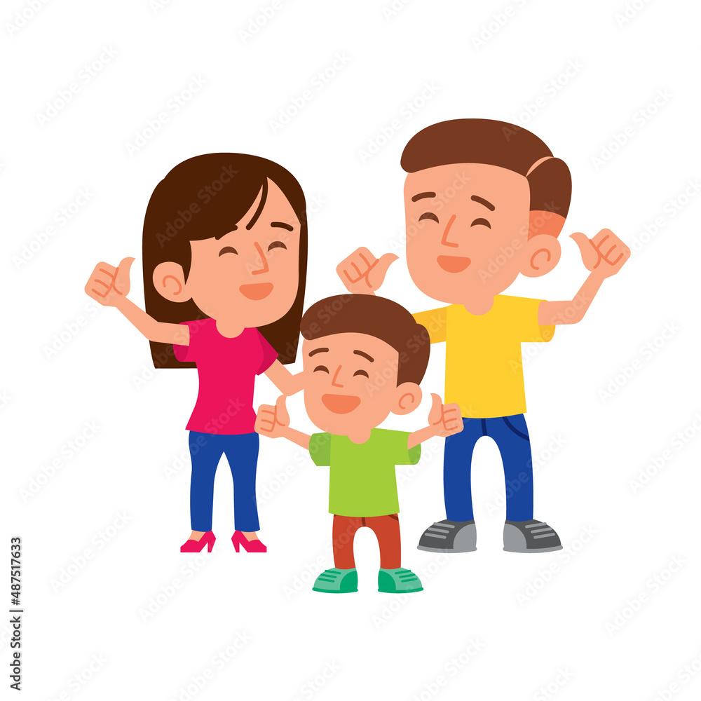 Happy family character. Parent with kid showing thumb up together. Flat illustration