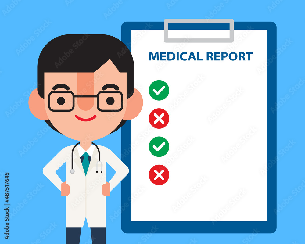 Flat design cartoon doctor presenting on emtpy space file of medical report. Vector illustration Flat design cartoon doctor presenting on emtpy space file of medical report. Vector illustration