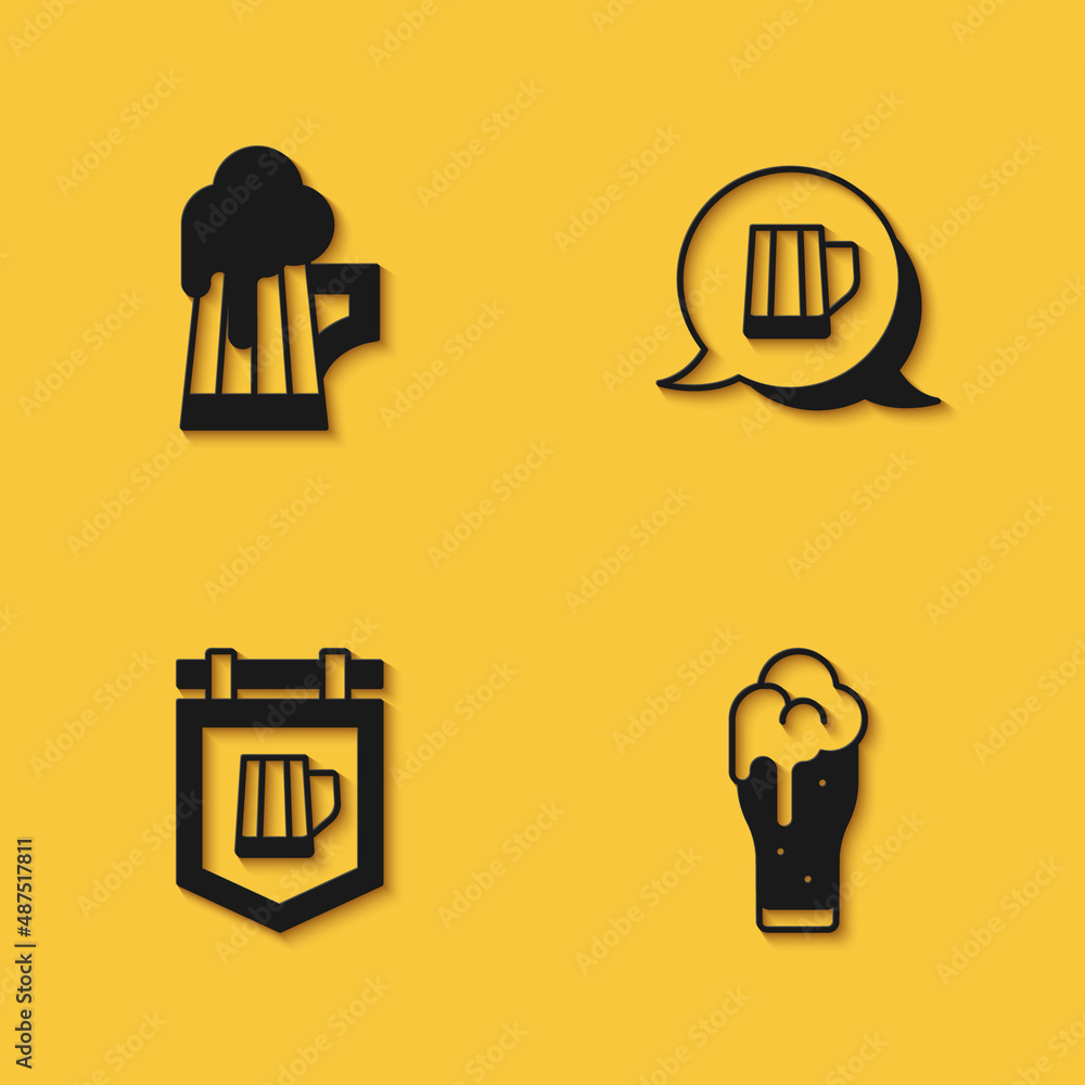 Set Wooden beer mug, Glass of, Street signboard with and icon with long shadow. Vector Set Wooden beer mug, Glass of, Street signboard with and icon with long shadow. Vector