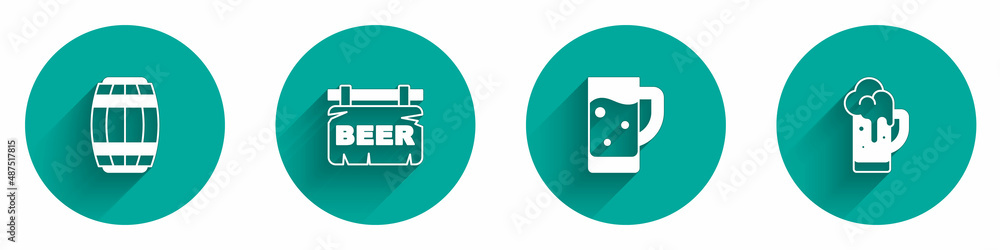 Set Wooden barrel, Street signboard with Beer, Glass of beer and icon with long shadow. Vector Set Wooden barrel, Street signboard with Beer, Glass of beer and icon with long shadow. Vector