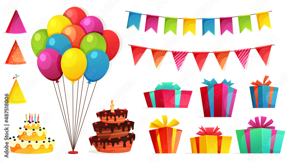 Birthday party isolated elements set with colorful presents fairy lights flags. Colorful balloons, carnival celebration food and candy.