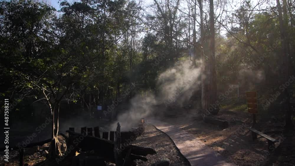 White steam from the natural Pai Hot springs float gently through the trees at the relaxation resort in the Thai village of Pai on an early summer morning. Wide slow motion shot White steam from the natural Pai Hot springs float gently through the trees at the relaxation resort in the Thai village of Pai on an early summer morning. Wide slow motion shot