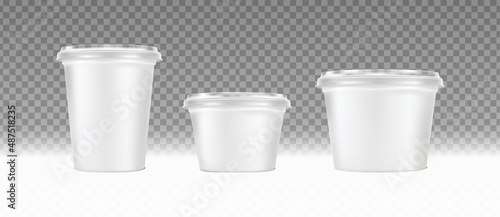 3d realistic vector icon set. Dairy plastic boxes with lid. Front view.